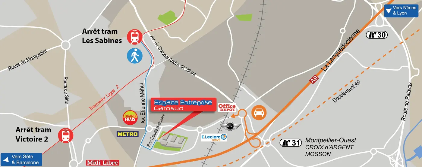 Plan d'accès tramway Garosud Montpellier — Arrêts Les Sabines et Victoire 2